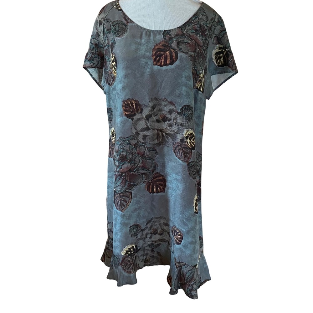 Garnet Hill Women's Floral 100% Silk Jacquard Ruffle Hem Shift Dress Size 10